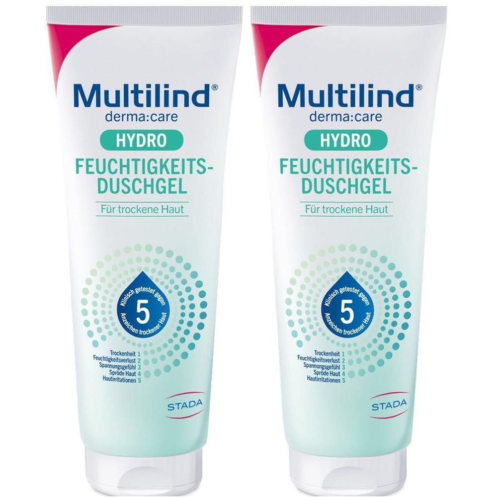 Zwei Tuben Multilind derma:care HYDRO Feuchtigkeits-Duschgel. Weiß-grüne Verpackung, roter Akzent, Produktname und Logo.