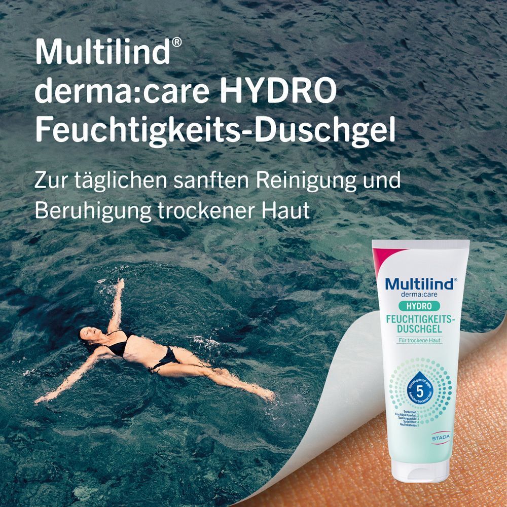 Multilind derma:care HYDRO Feuchtigkeits-Duschgel. Frau im Wasser, Produktverpackung, Text über sanfte Reinigung trockener Haut.