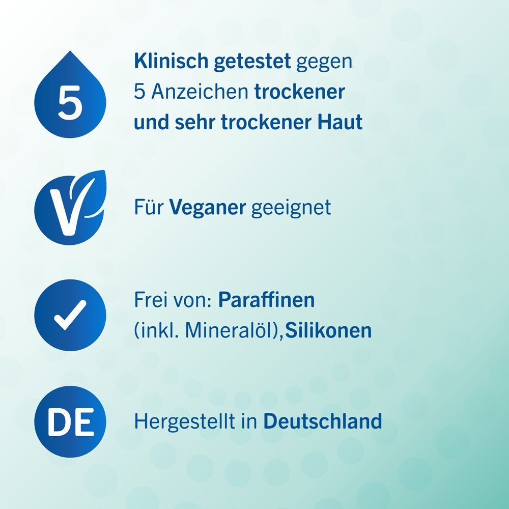Text: Klinisch getestet, für Veganer geeignet, frei von Paraffinen, hergestellt in Deutschland. Logos und Text.