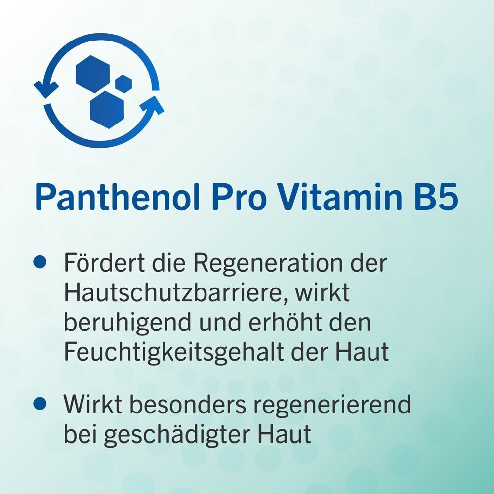 Text: Panthenol Pro Vitamin B5. Fördert die Regeneration der Hautschutzbarriere. Wirkt regenerierend bei geschädigter Haut.