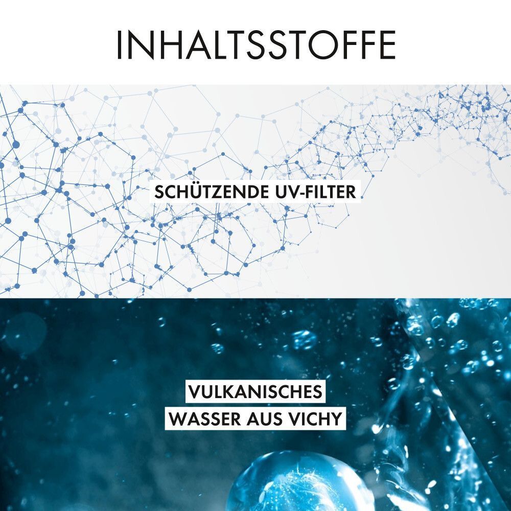 Grafik mit Text: INHALTSSTOFFE. UV-Filter und Vulkanisches Wasser aus Vichy.