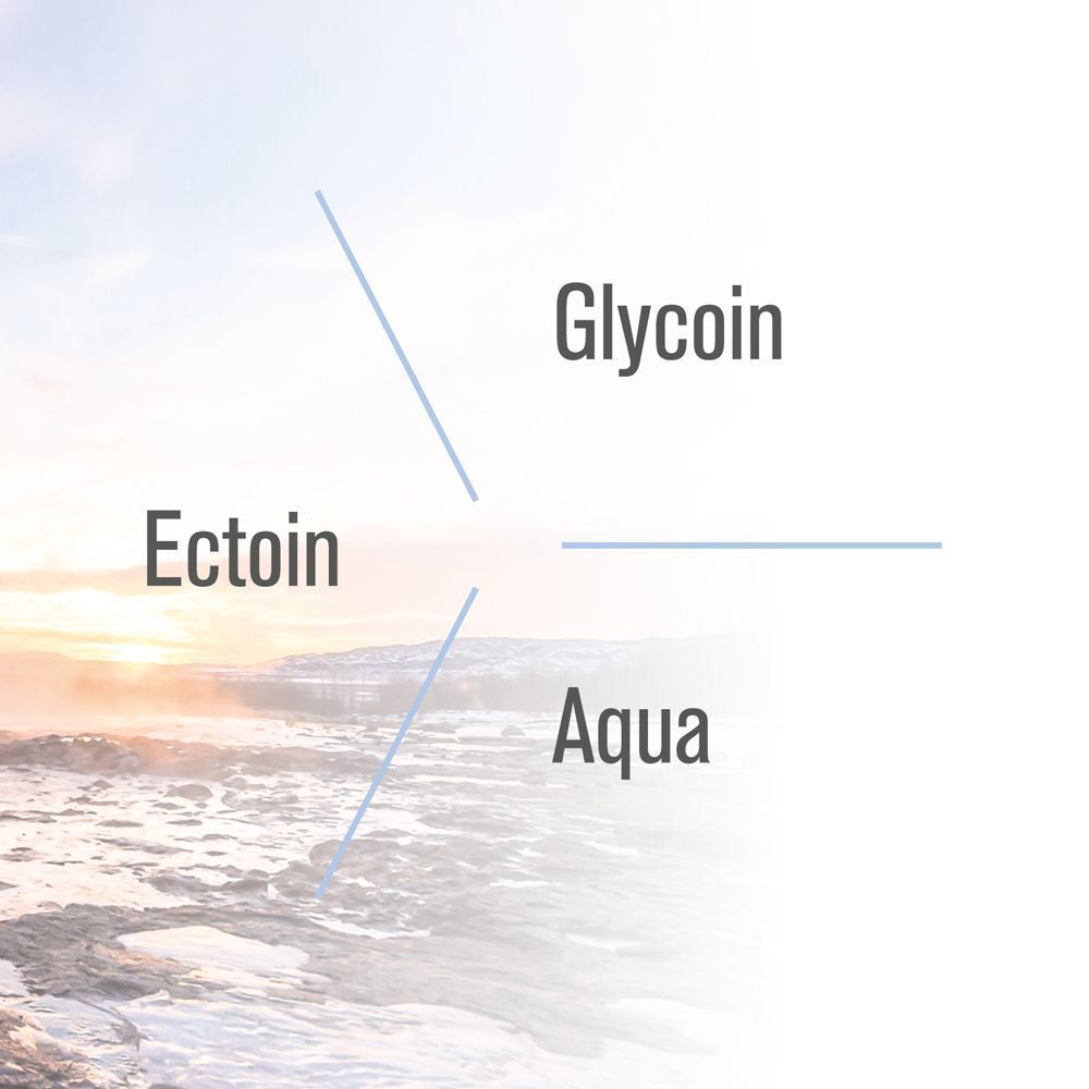 Grafische Darstellung mit den Wörtern Glycoin, Ectoin und Aqua, verbunden durch Linien. Hintergrund: Landschaft.