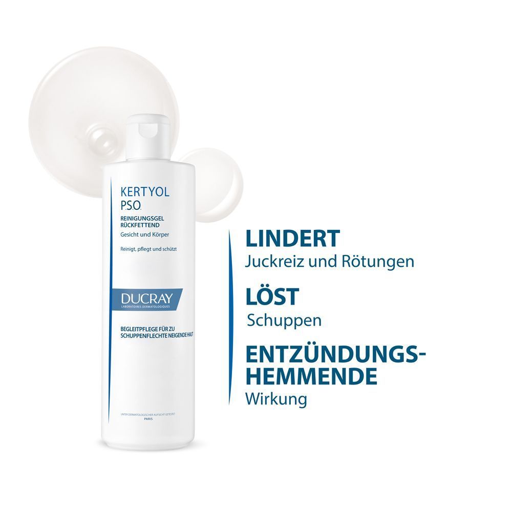 Weiße Flasche DUCRAY KERTYOL PSO Reinigungsgel. Text: Lindert Juckreiz und Rötungen, löst Schuppen, entzündungshemmende Wirkung.