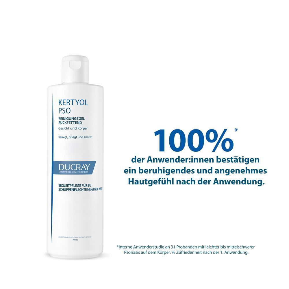 Weiße Flasche DUCRAY KERTYOL PSO Reinigungsgel. Text: 100% der Anwender bestätigen ein beruhigendes und angenehmes Hautgefühl nach der Anwendung.