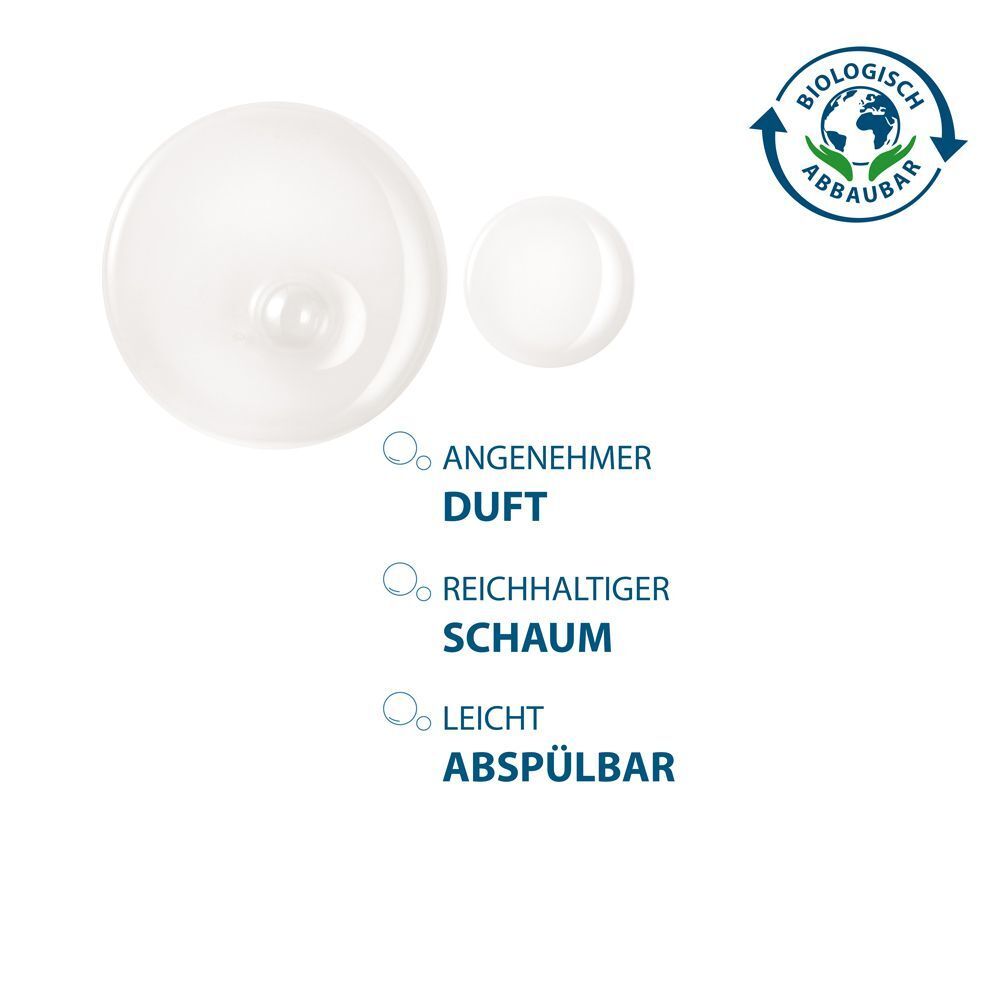 Grafik mit Tropfen und Symbolen. Text: Angenehmer Duft, reichhaltiger Schaum, leicht abspülbar. Logo: Biologisch abbaubar.