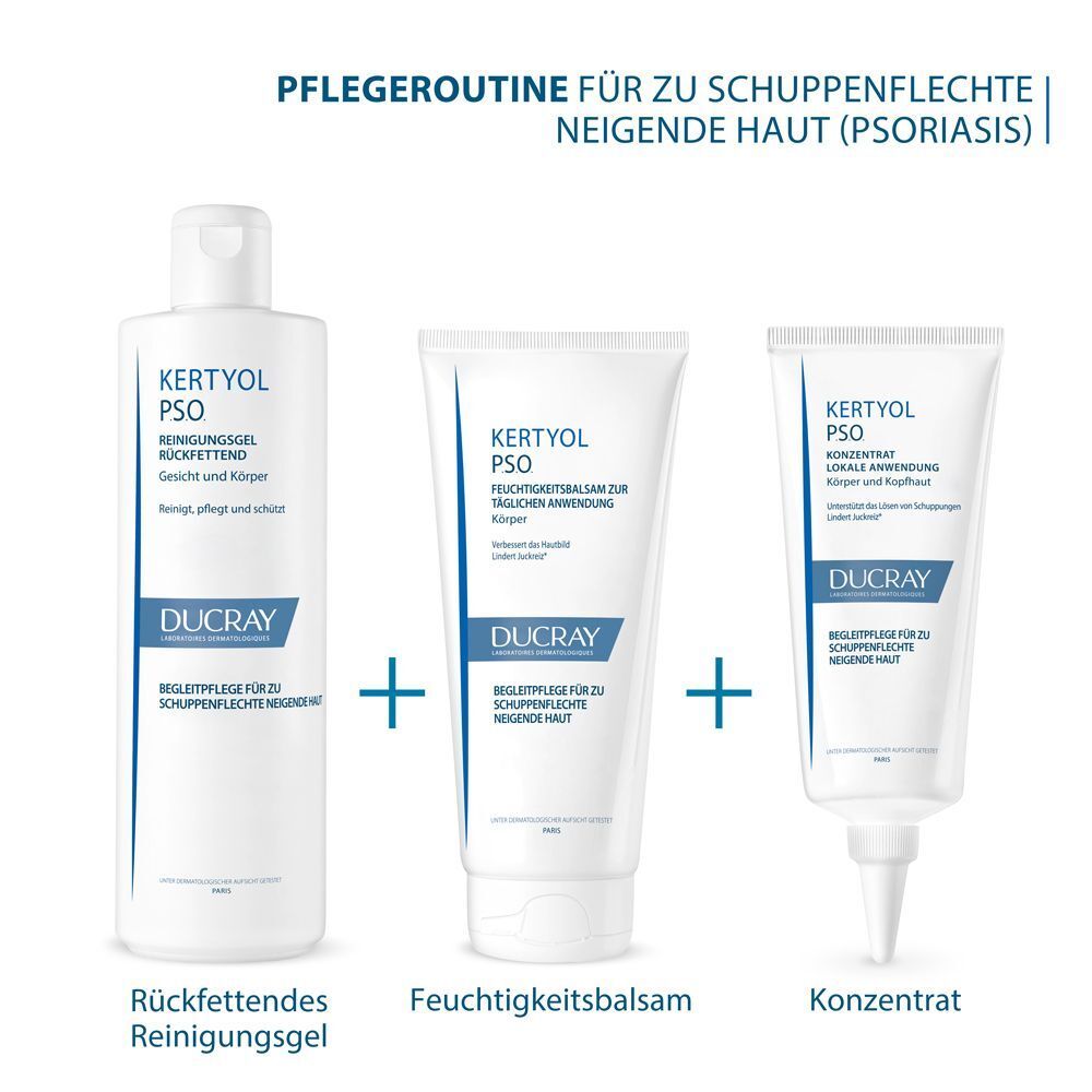 Produktreihe für zu Schuppenflechte neigende Haut. Produkte: Reinigungsgel, Feuchtigkeitsbalsam, Konzentrat. Marke: DUCRAY.