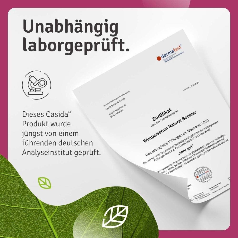Zertifikat. Text: Dermatest, Zertifikat über die dermatologische Prüfung am Menschen 2020. Produkt: Wimpernserum Natural Booster. Ergebnis: sehr gut.