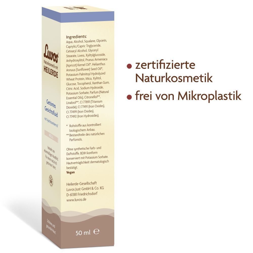 Rückseite Karton LUVOS getöntes Gesichtsfluid hell. Aufdruck: Inhaltsstoffe, zertifizierte Naturkosmetik, frei von Mikroplastik. 50 ml.