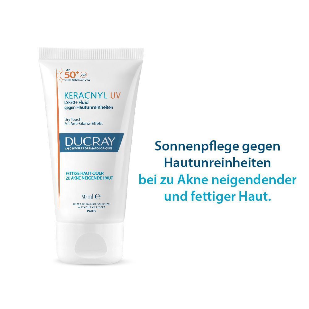 DUCRAY KERACNYL UV Fluid LSF50+ Tube. Text: Sonnenpflege gegen Hautunreinheiten bei zu Akne neigender und fettiger Haut.