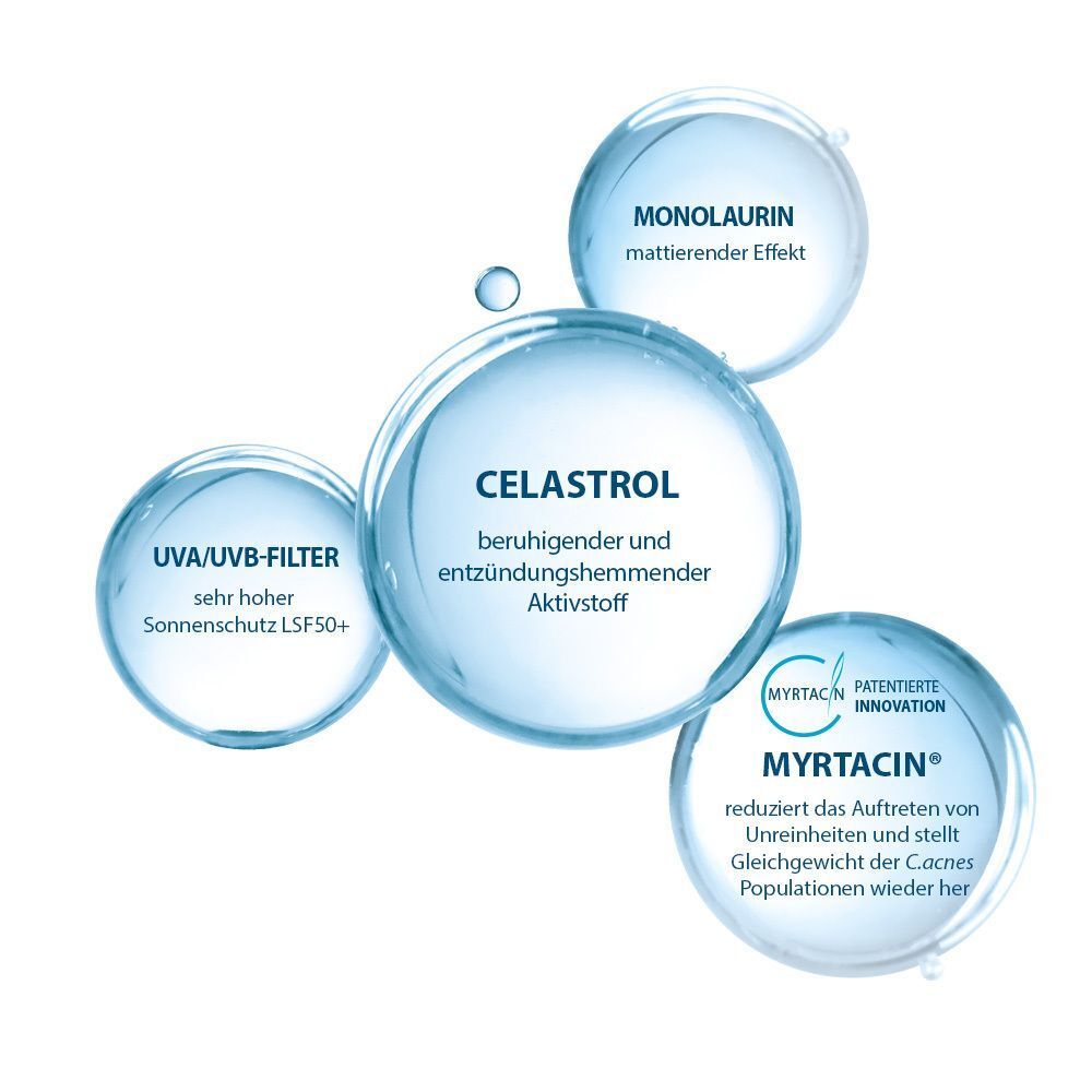 Grafik mit Inhaltsstoffen: UVA/UVB-Filter, Celastrol, Myrtacine, Monolaurin.