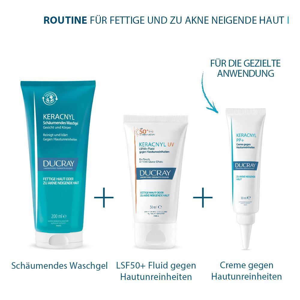 Produkt-Routine: Waschgel, KERACNYL UV Fluid LSF50+, Creme. Für fettige und zu Akne neigende Haut.