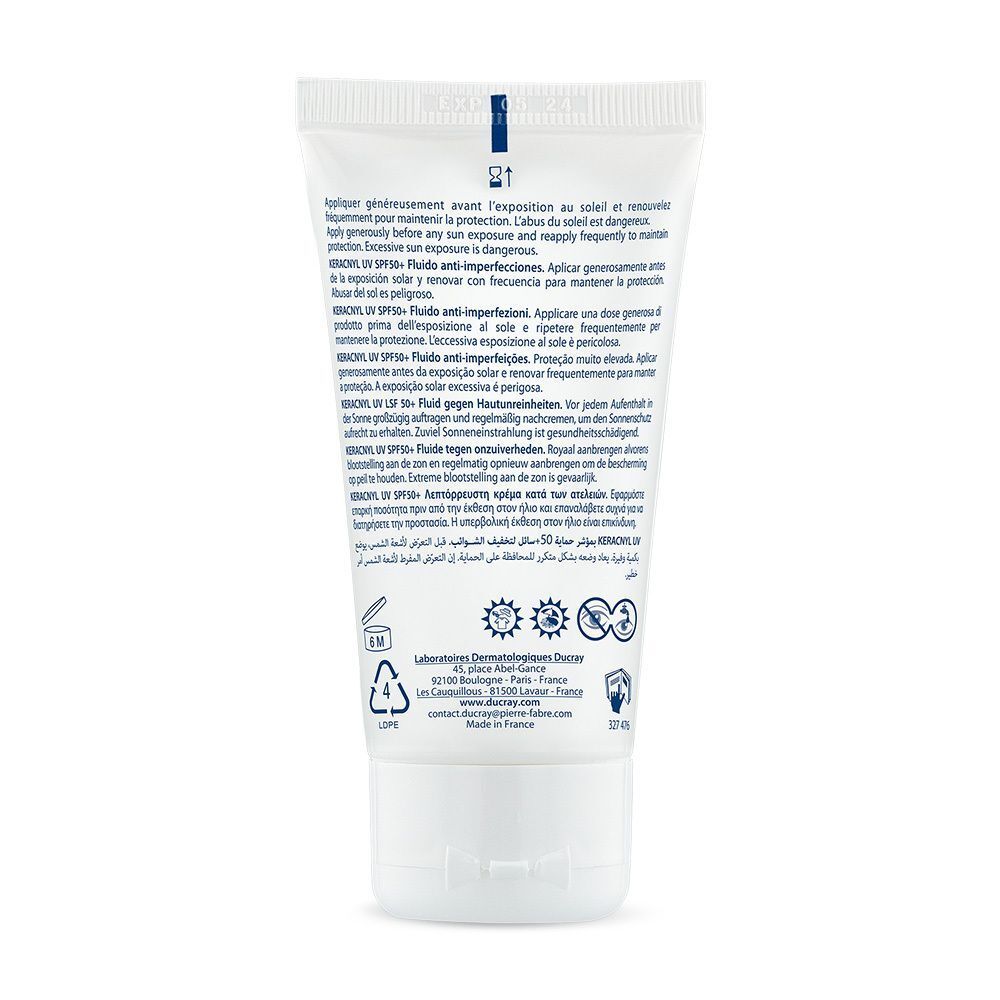 Rückseite der DUCRAY KERACNYL UV Fluid LSF50+ Tube. Text in mehreren Sprachen.
