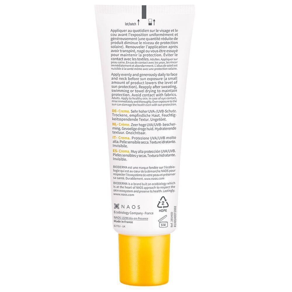 Rückseite einer Tube BIODERMA Photoderm Creme. Text in mehreren Sprachen. Gelber Deckel.