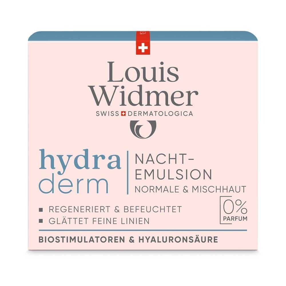 Verpackung von Nachtemulsion. Aufschrift: Louis Widmer hydra derm Nachtemulsion, normale & Mischhaut. Mit Text: regeneriert & befeuchtet, glättet feine Linien.