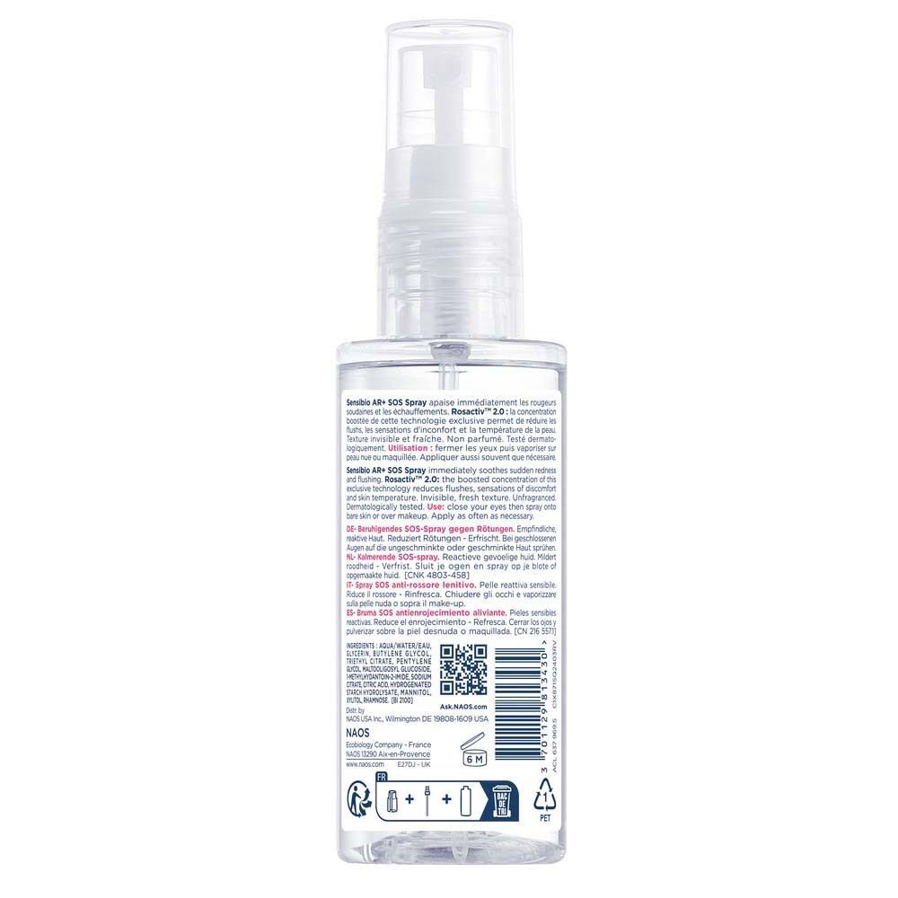 Rückseite des Sprays. BIODERMA Sensibio AR+ SOS Spray. Text in mehreren Sprachen. QR-Code.