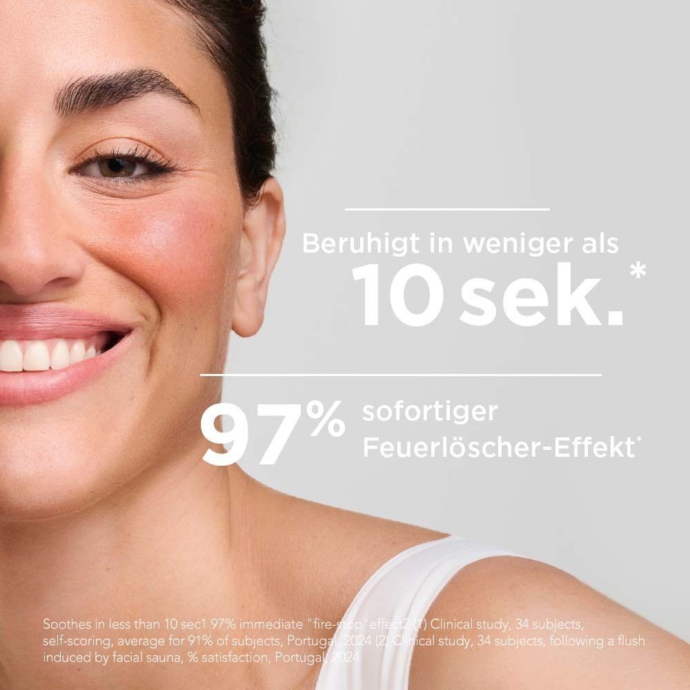 Frau mit geröteter Haut. Text: Beruhigt in weniger als 10 Sek., 97% sofortiger Feuerlöscher-Effekt.