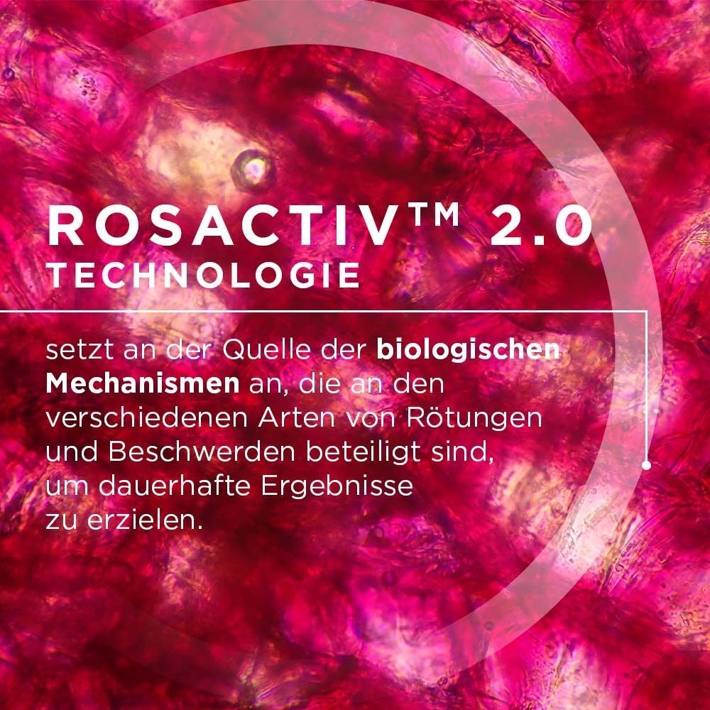 Mikroskopisches Bild. Text: ROSACTIV 2.0 TECHNOLOGIE. Setzt an der Quelle der biologischen Mechanismen an.