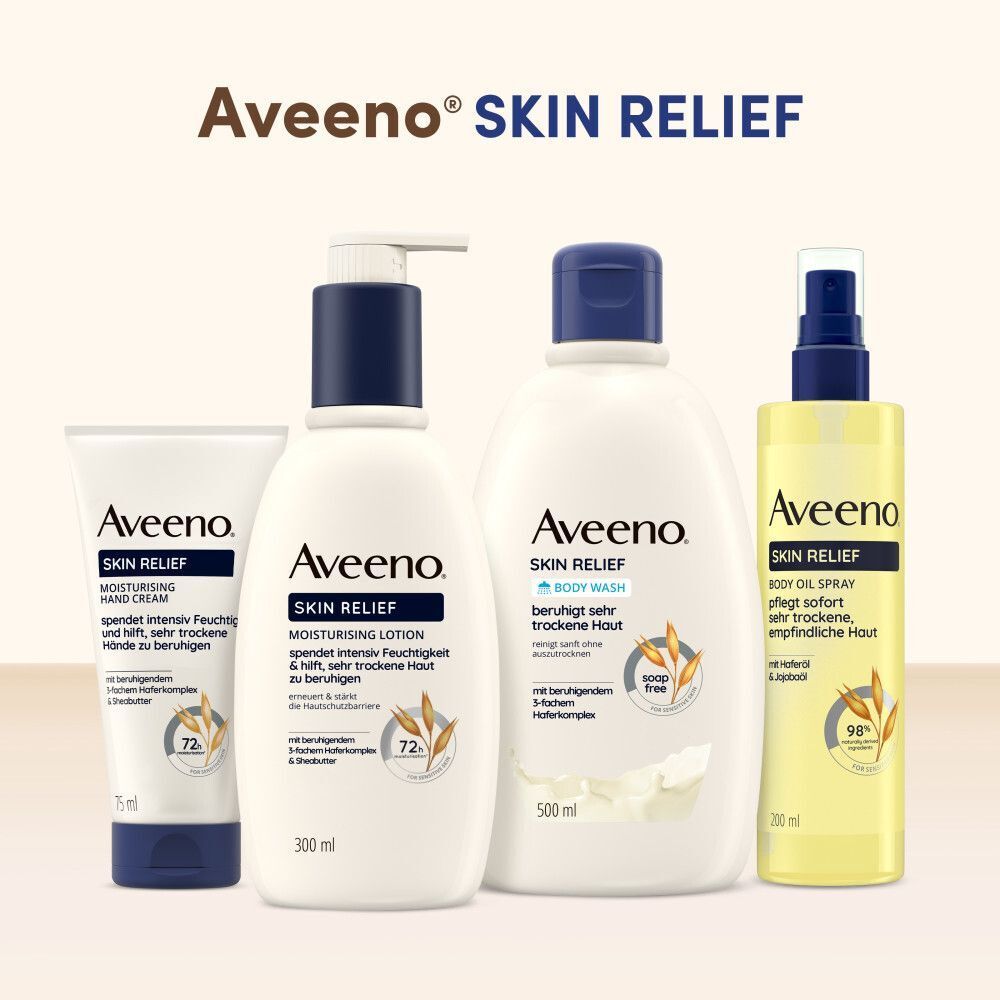 Verschiedene AVEENO Skin Relief Produkte: Creme, Lotion, Duschgel und Körperspray. Alle mit dem Skin Relief Logo.