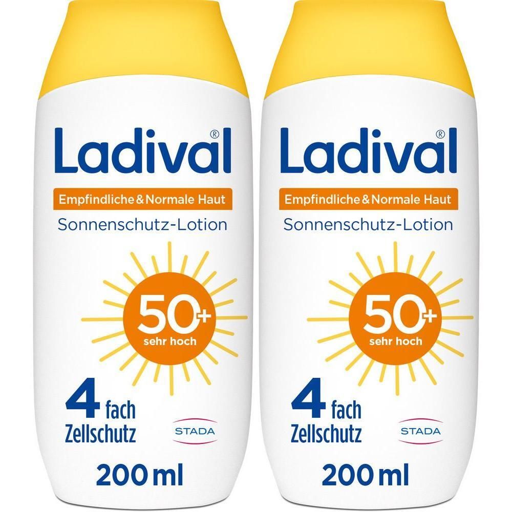 Zwei Flaschen Ladival Sonnenlotion LSF 50+ für empfindliche & normale Haut. Gelbe Kappe, weißer Behälter, orangefarbene Sonne.