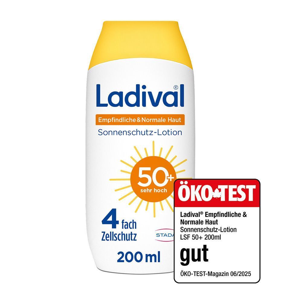 Ladival Sonnenlotion LSF 50+ für empfindliche & normale Haut. Weißer Behälter, gelbe Kappe, orangefarbene Sonne. ÖKO-TEST-Siegel.
