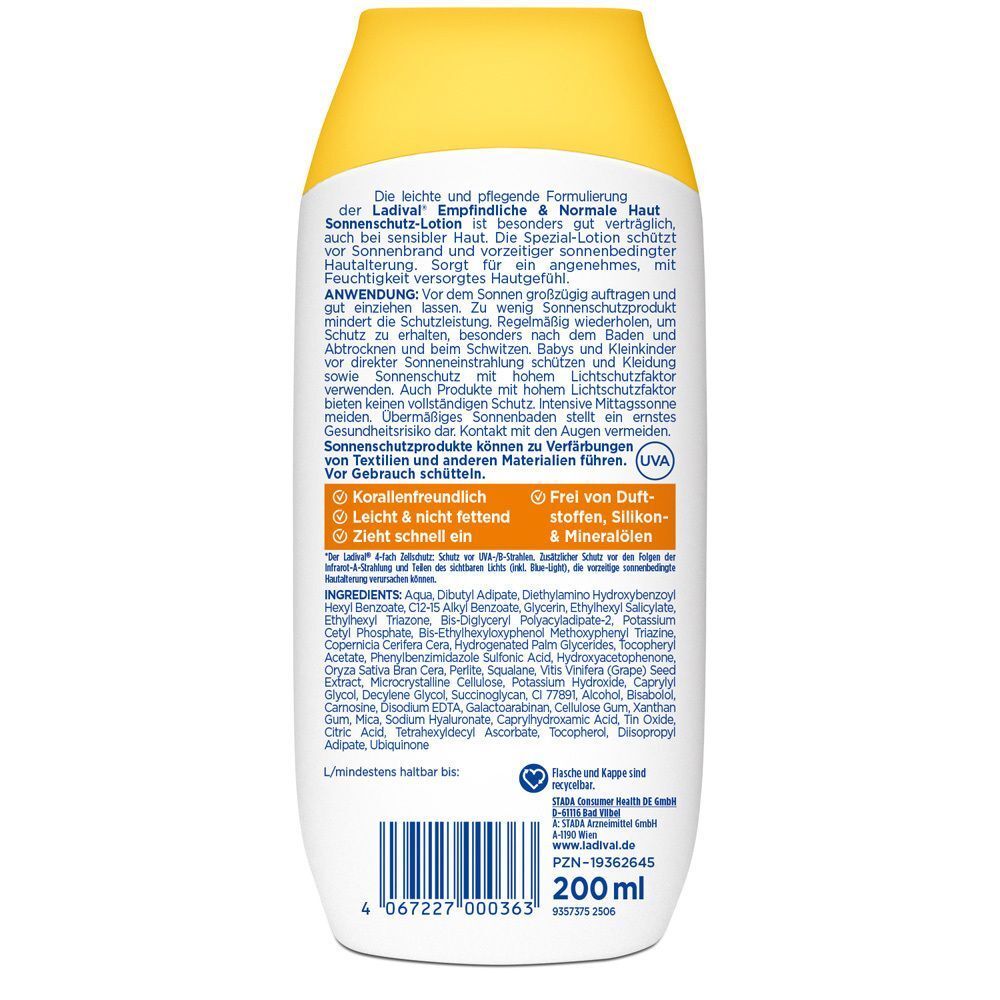 Rückseite der Ladival Sonnenlotion. Text mit Inhaltsstoffen und Anwendungshinweisen. Enthält UVA-Filter. Frei von Duftstoffen.
