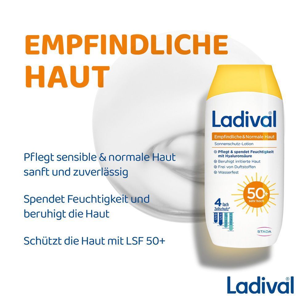 Ladival Sonnenlotion LSF 50+ für empfindliche & normale Haut. Weißer Behälter, gelbe Kappe, orangefarbene Sonne. Text.