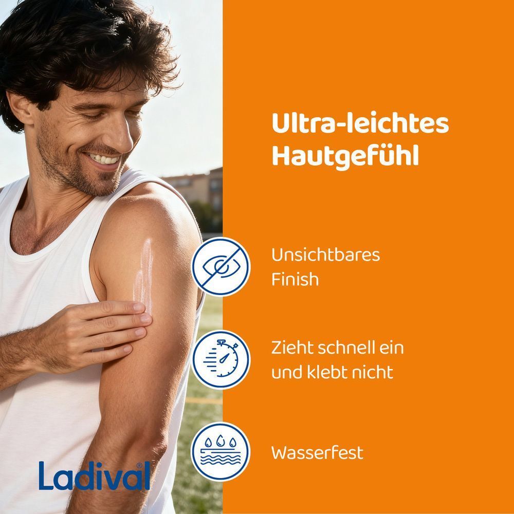 Mann trägt Lotion auf den Arm auf. Text: Unsichtbares Finish, zieht schnell ein, klebt nicht, wasserfest. Ladival Logo.