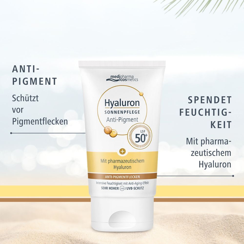 Tube HYALURON SONNENPFLEGE Anti-Pigment LSF50. Text: Schützt vor Pigmentflecken, Spendet Feuchtigkeit, Mit pharmazeutischem Hyaluron.