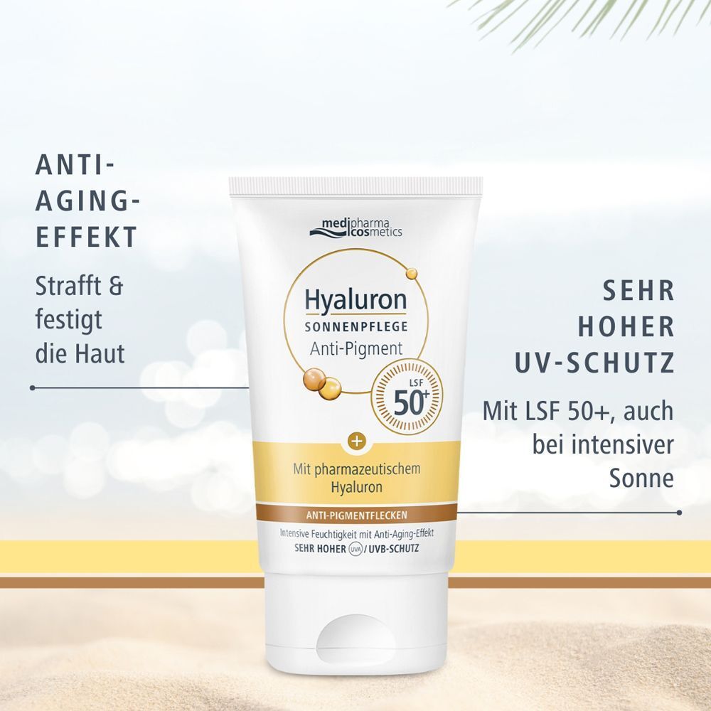 Tube HYALURON SONNENPFLEGE Anti-Pigment LSF50. Text: Anti-Aging-Effekt, Strafft & festigt die Haut, Sehr hoher UV-Schutz mit LSF 50+.