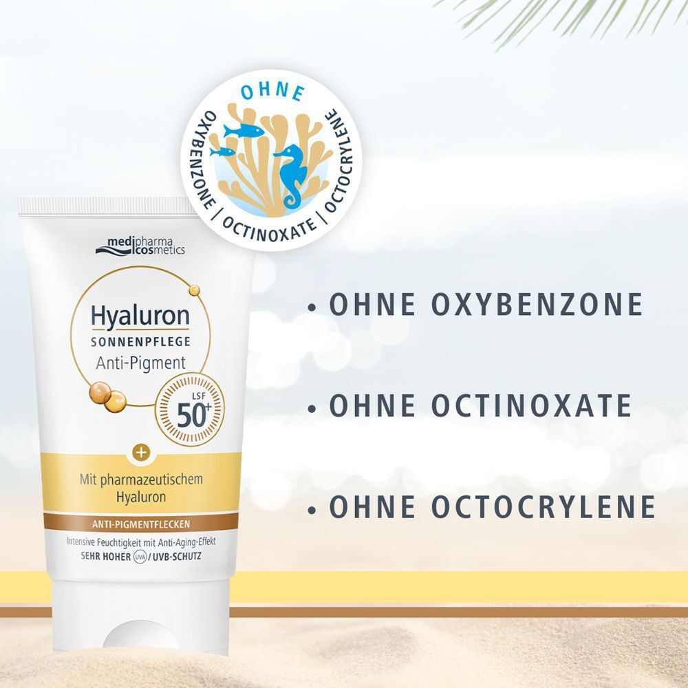 Tube HYALURON SONNENPFLEGE Anti-Pigment LSF50. Text: Ohne Oxybenzone, Octinoxate, Octocrylene. Logo medi-pharma cosmetics.