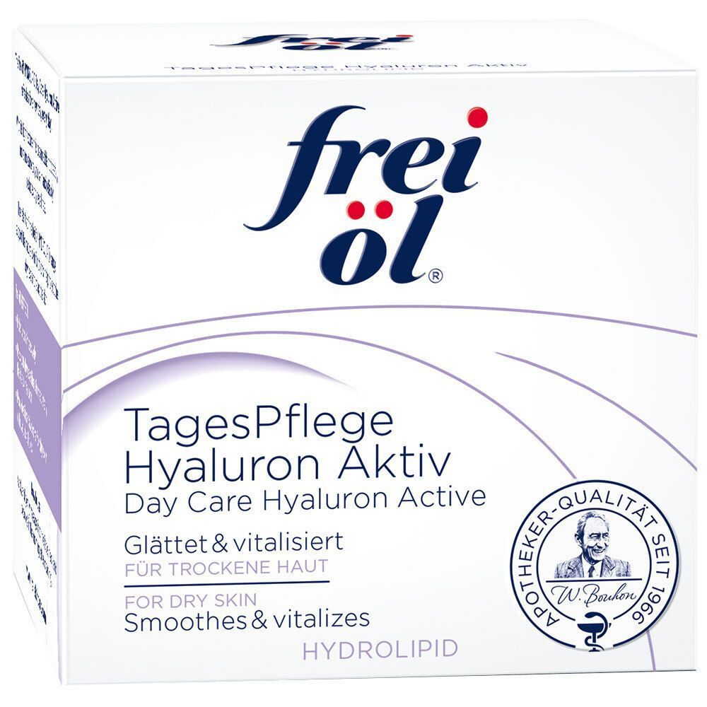 Weiße Verpackung mit Aufschrift: frei öl®, TagesPflege Hyaluron Aktiv, Day Care Hyaluron Active. Apotheker-Qualität.