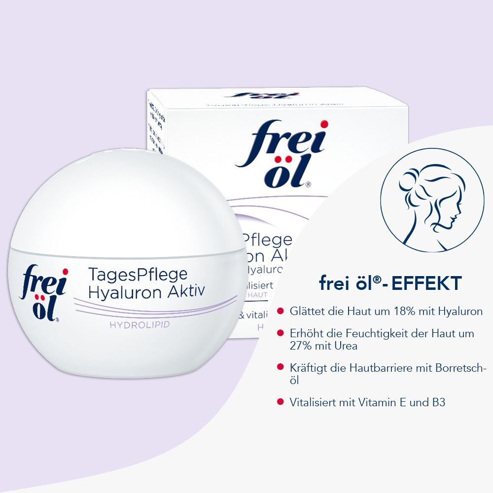 Weißer Tiegel und Verpackung mit Aufschrift: frei öl®, TagesPflege Hyaluron Aktiv. Grafik: Frauengesicht.