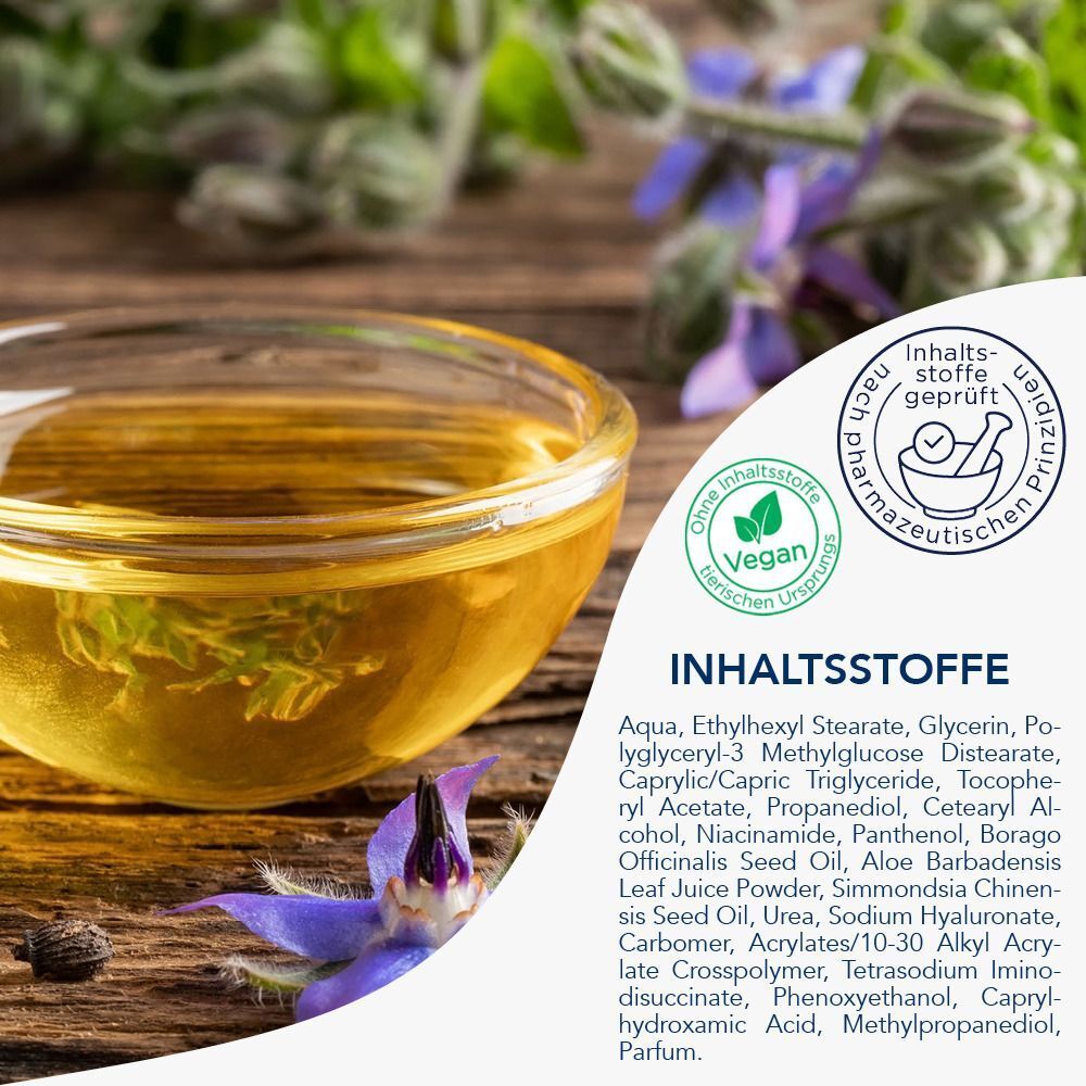 Glas mit Flüssigkeit, Inhaltsstoffe-Tafel. Aufschrift: Ohne Inhaltsstoffe geprüft, vegan.