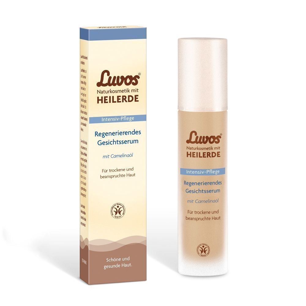 Faltschachtel und Serumflasche. Aufdruck: Luvos Naturkosmetik, Heilerde, Intensiv-Pflege, Regenerierendes Gesichtsserum.