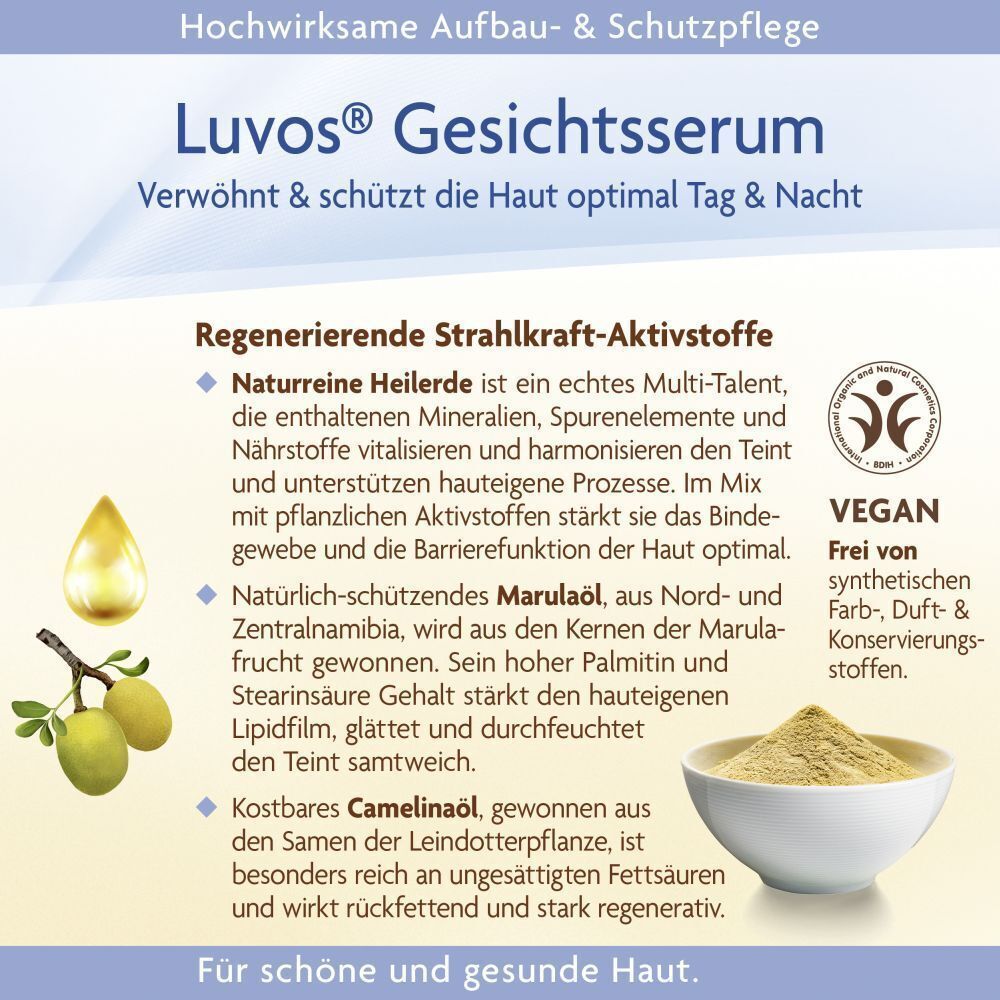 Werbetext. Aufdruck: Luvos Gesichtsserum. Inhaltsstoffe, Vegan-Siegel. Beschreibung der Inhaltsstoffe und Vorteile.