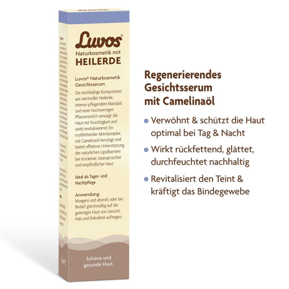 Faltschachtel. Aufdruck: Luvos Naturkosmetik, Heilerde, Regenerierendes Gesichtsserum mit Camelinöl. Anwendungshinweise.