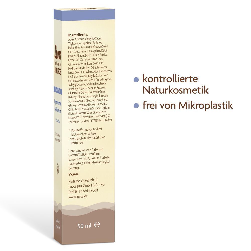 Rückseite der Faltschachtel. Aufdruck: Inhaltsstoffe, kontrollierte Naturkosmetik, frei von Mikroplastik, Vegan.