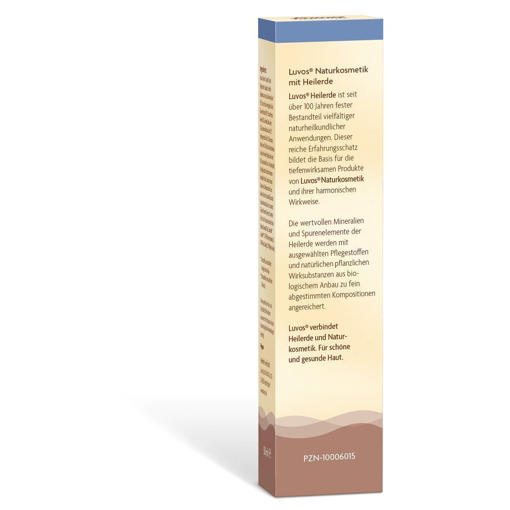 Seite der Faltschachtel. Aufdruck: Luvos Naturkosmetik, Heilerde. Beschreibung der Marke und ihrer Produkte.