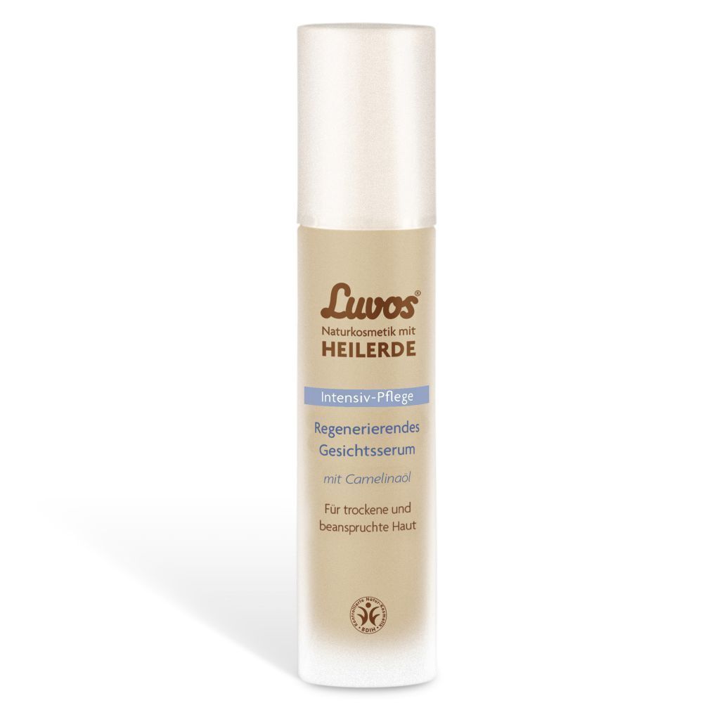Serumflasche. Aufdruck: Luvos Naturkosmetik, Heilerde, Intensiv-Pflege, Regenerierendes Gesichtsserum mit Camelinöl.