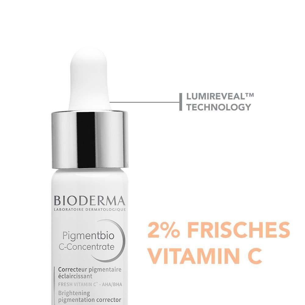 BIODERMA Pigmentbio C-Concentrate Serum-Flasche mit Text. 2% Vitamin C. Lumireveal Technologie.