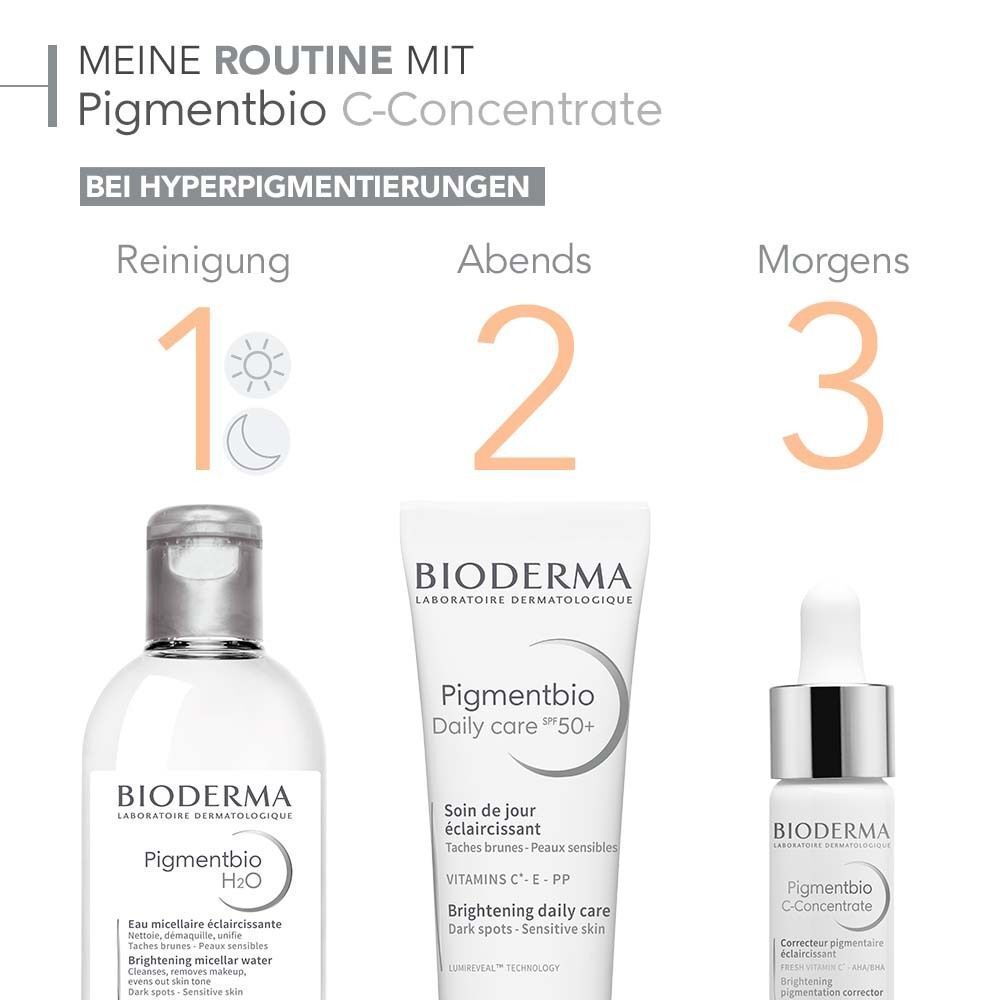 Routine mit Pigmentbio C-Concentrate. Reinigung, Tagespflege, Serum. Produkte von BIODERMA.