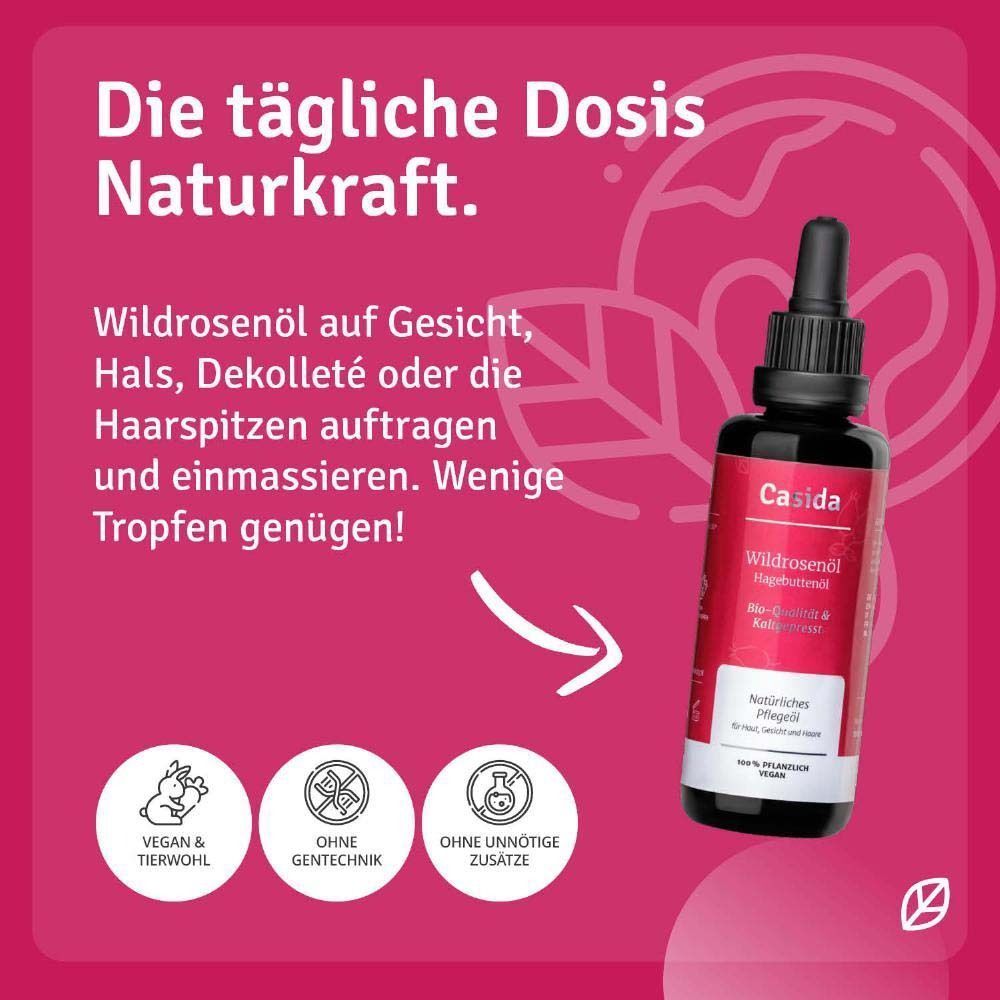 Flasche Wildrosenöl mit Pipette. Roter Hintergrund mit Text. Vegan- und Tierwohl-Symbole.