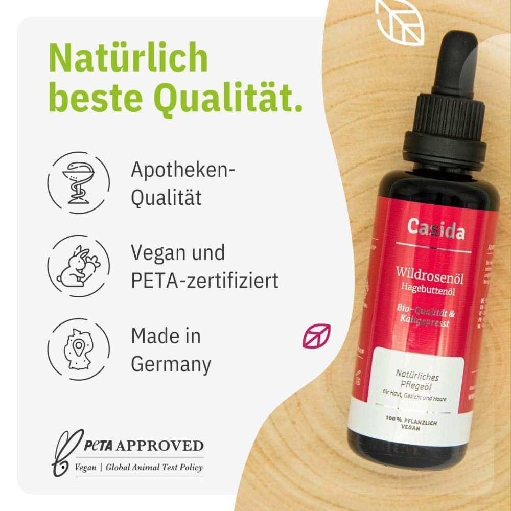 Flasche Wildrosenöl auf Holz. Text: Apotheken-Qualität, Vegan und PETA-zertifiziert, Made in Germany. PETA-Logo.