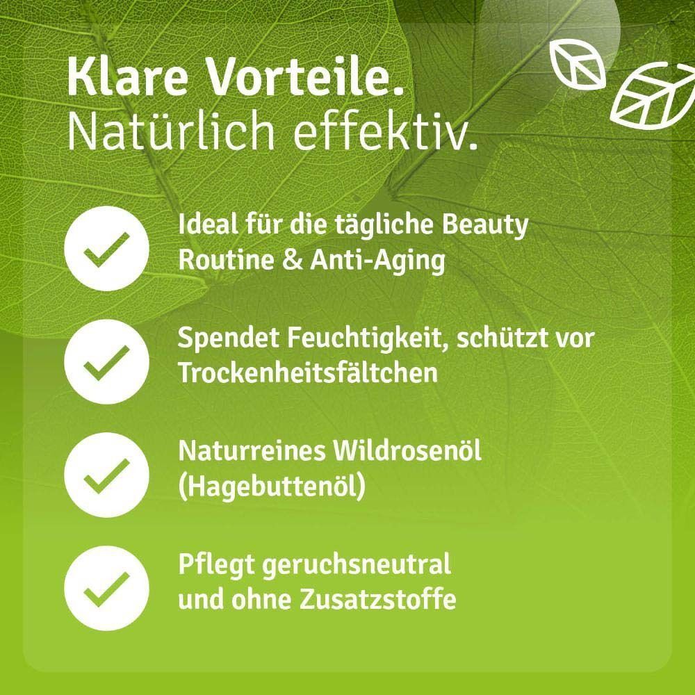 Text: Klare Vorteile. Natürliche Wirkung. Ideal für tägliche Beauty-Routine. Spendet Feuchtigkeit. Naturreines Wildrosenöl.