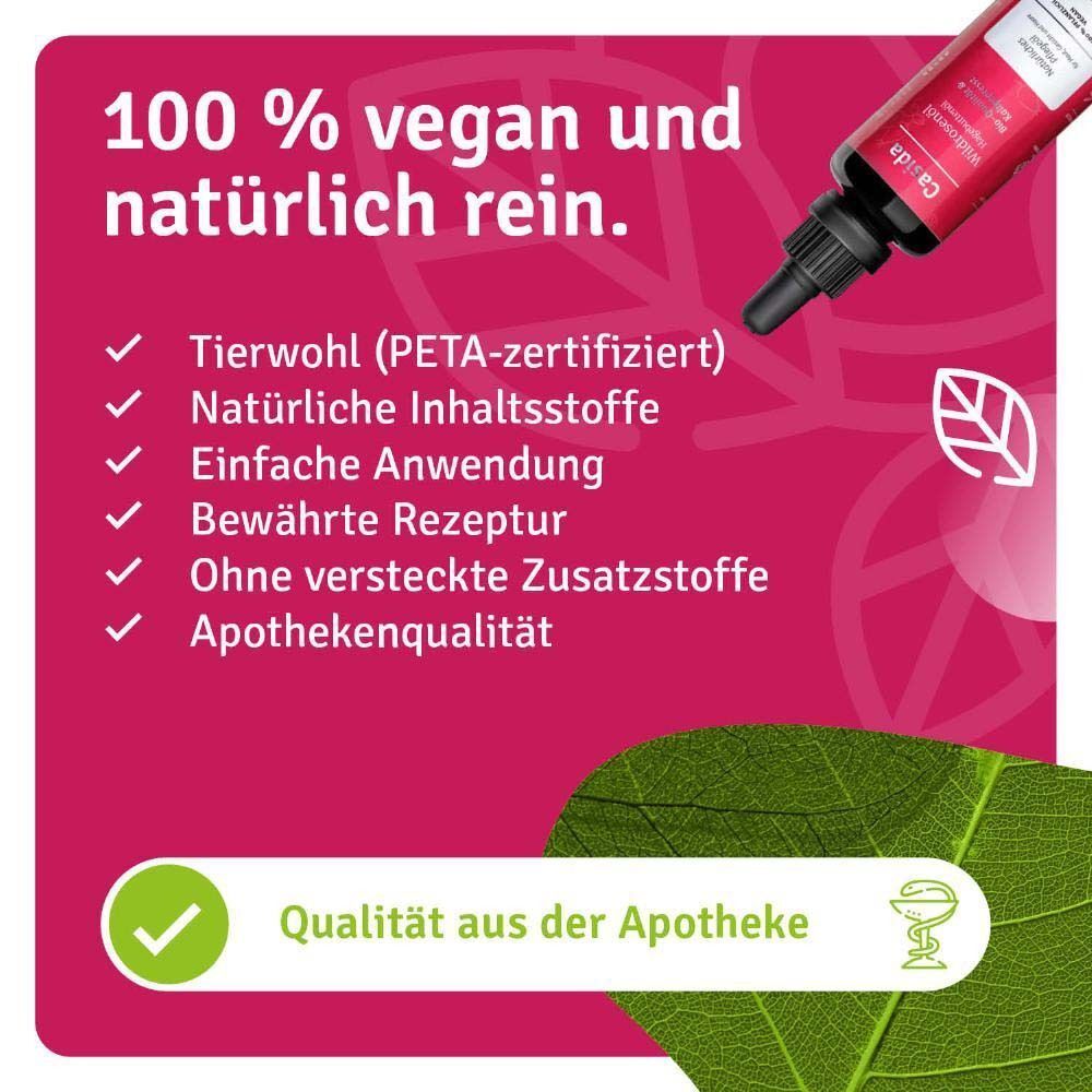 Text: 100 % vegan und natürlich rein. Tierwohl (PETA-zertifiziert). Natürliche Inhaltsstoffe. Apothekenqualität. Grünes Häkchen.