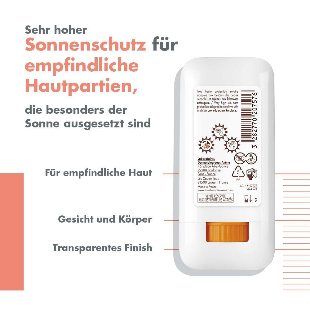 Rückseite des weißen Sticks mit orangefarbenem Applikator. Text: Sehr hoher Sonnenschutz für empfindliche Hautpartien. Informationen und Symbole.