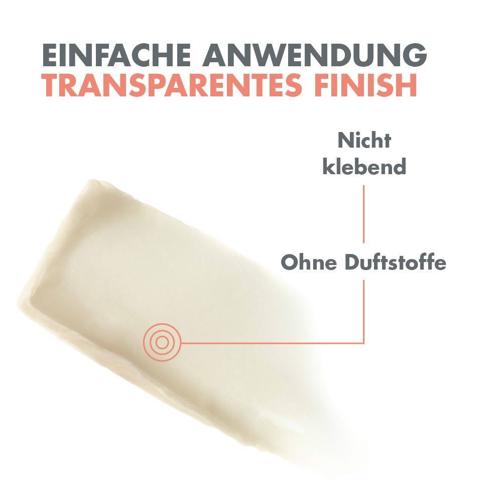 Transparente Textur auf weißem Hintergrund. Markierungen: Einfache Anwendung, transparentes Finish, nicht klebend, ohne Duftstoffe.