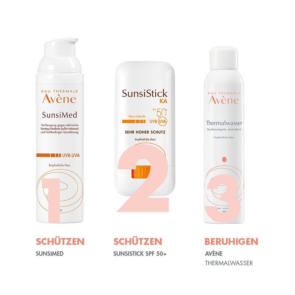 Drei Produkte nebeneinander: 1. SunsiMed, 2. SunsiStick SPF 50+, 3. Thermalwasser. Beschriftung: Schützen, Beruhigen.