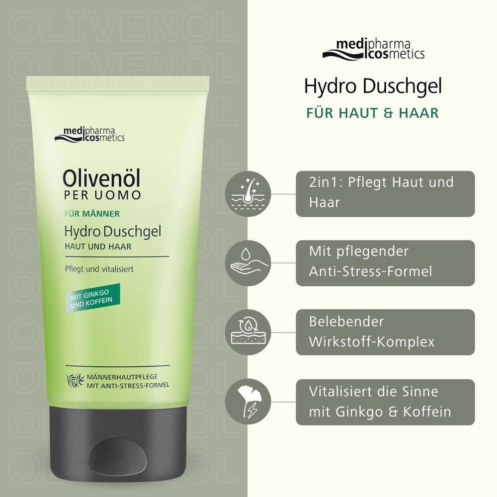 Tube Olivenöl PER Uomo Hydro Duschgel. Hellgrüne Tube mit schwarzem Verschluss. Text: medi-pharma cosmetics, Hydro Duschgel, für Haut & Haar.