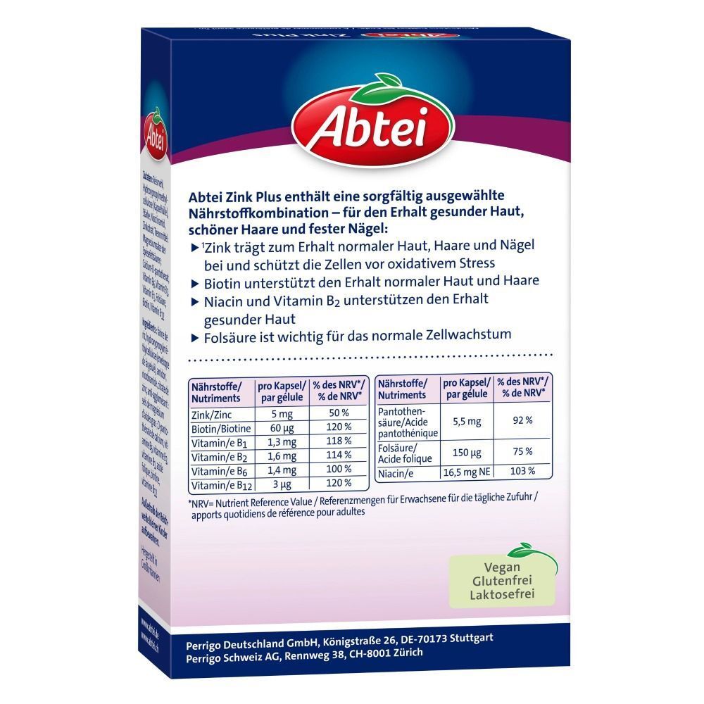Rückseite der ABTEI Zink Plus Verpackung. Enthält Nährwertangaben und Text über die Inhaltsstoffe. Vegan und glutenfrei.